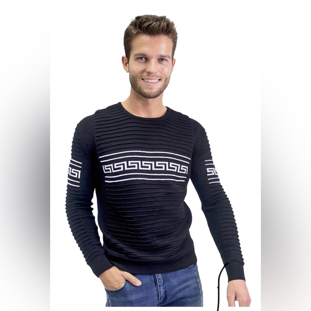 BARABAS Accogliente Mens Black Sweater Size XL Greek Pattern Crew Neck Casual